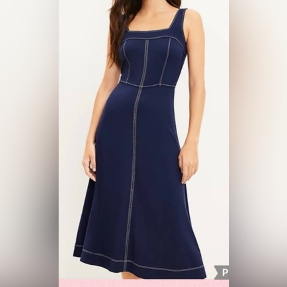 LOFT Navy  Midi Dress with Contrast Stitching size 8